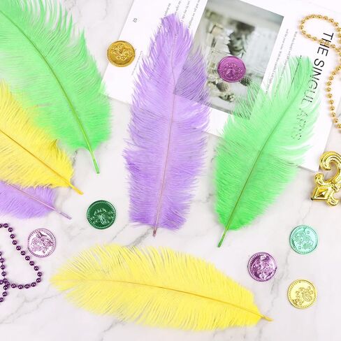 CCINEE 12Pcs Mardi Gras Feathers Stems, Artificial Purple Green Yellow Feathers Picks for DIY Masquerade Party Costume Tables Centerpieces Vase Clothing Accessories 10-12Inch in Saudi Arabia