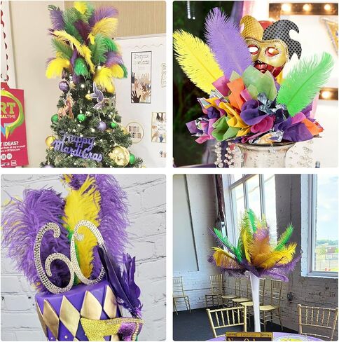 CCINEE 12Pcs Mardi Gras Feathers Stems, Artificial Purple Green Yellow Feathers Picks for DIY Masquerade Party Costume Tables Centerpieces Vase Clothing Accessories 10-12Inch in Saudi Arabia