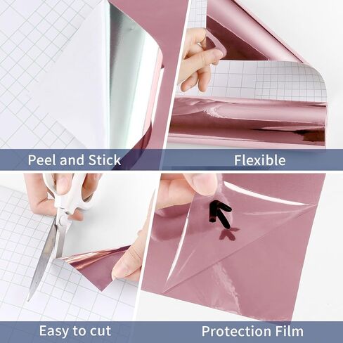 WESTICK Rose Gold Permanent Vinyl Glossy Mirror Contact Paper Peel and Stick Mirror Wallpaper Self Adhesive Reflective Metallic Vinyl Roll for Fridge Wrap DIY Home Decor Craft Shelf Liner 15.8" x 80" in Saudi Arabia