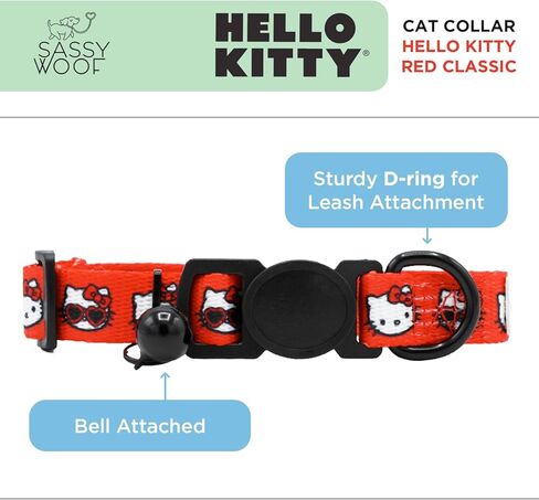 Sassy Woof Cat Collar Hello Kitty® Red Classic - M, Adjustable, Durable, Comfortable, Patented Design and Stylish Pet Accessories for Medium Cats in Kuwait