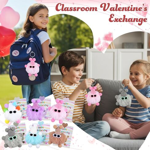 Valentines Day Cards and Gifts for Kids School 24 Pack Cartoon Plush Keychain Set Classroom Exchange for Students with Stuffed Toys in Saudi Arabia