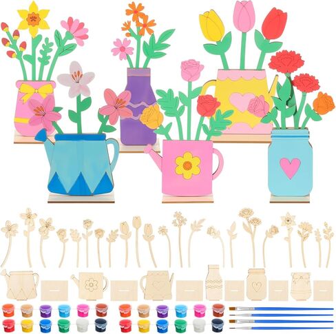 DoubleFill Wood Spring Flower Crafts to Paint Spring Unfinished Wooden Slices with 2 Set Paints for Craft DIY Flowers Ornaments Valentine's Day Gifts Table Decorations in Saudi Arabia