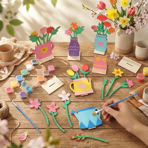 DoubleFill Wood Spring Flower Crafts to Paint Spring Unfinished Wooden Slices with 2 Set Paints for Craft DIY Flowers Ornaments Valentine's Day Gifts Table Decorations in Saudi Arabia
