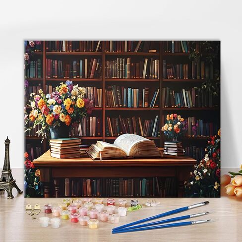 مكتب خشبي بدون إطار، كتاب مفتوح للطلاء حسب الأرقام، مجموعات كتب يدوية، طلاء بالأرقام للبالغين المبتدئين، طقم طلاء زيتي من القماش، رف الكتب، زهور لمجموعة الحرف الفنية، هدية 16 × 20 بوصة in Kuwait