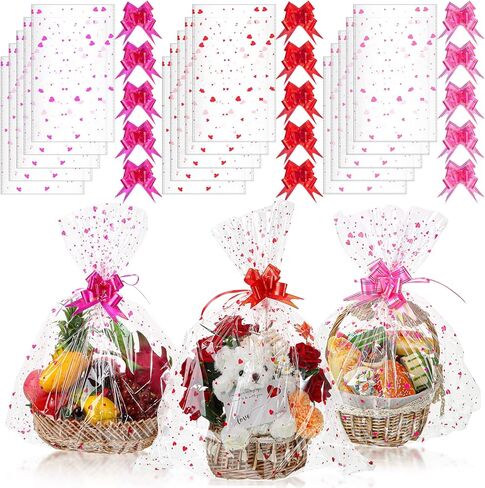 Geelin 15 Set Valentine Basket Bags with Bows Cellophane Heart Printed Basket Bags with 15 Pcs Pull Bows, 22.8 x 28 Inches Gift Wrapping Supplies for Cookie Dolls Gifts Candy Crafts Fruits in Saudi Arabia