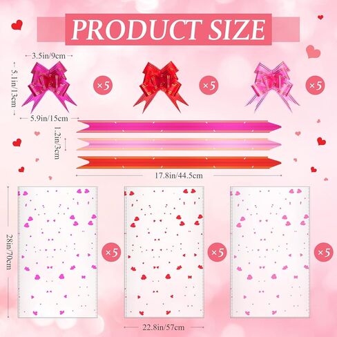 Geelin 15 Set Valentine Basket Bags with Bows Cellophane Heart Printed Basket Bags with 15 Pcs Pull Bows, 22.8 x 28 Inches Gift Wrapping Supplies for Cookie Dolls Gifts Candy Crafts Fruits in Saudi Arabia