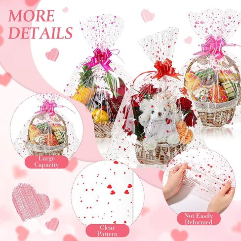 Geelin 15 Set Valentine Basket Bags with Bows Cellophane Heart Printed Basket Bags with 15 Pcs Pull Bows, 22.8 x 28 Inches Gift Wrapping Supplies for Cookie Dolls Gifts Candy Crafts Fruits in Saudi Arabia