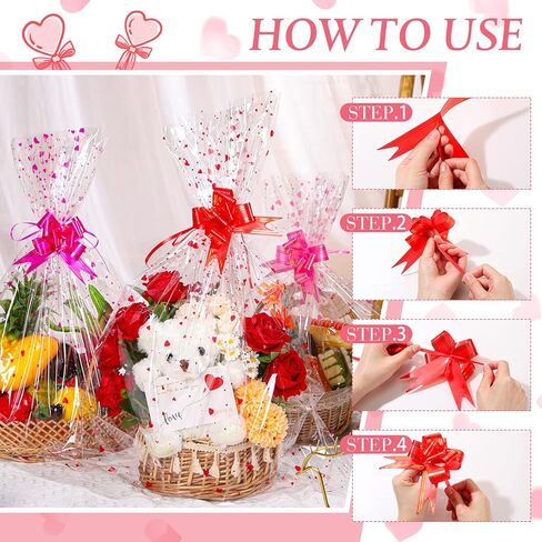 Geelin 15 Set Valentine Basket Bags with Bows Cellophane Heart Printed Basket Bags with 15 Pcs Pull Bows, 22.8 x 28 Inches Gift Wrapping Supplies for Cookie Dolls Gifts Candy Crafts Fruits in Saudi Arabia