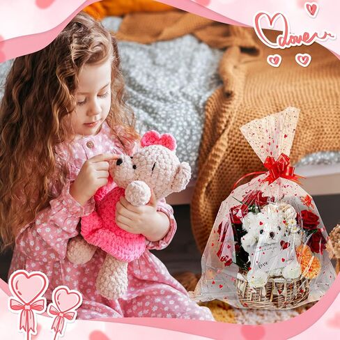 Geelin 15 Set Valentine Basket Bags with Bows Cellophane Heart Printed Basket Bags with 15 Pcs Pull Bows, 22.8 x 28 Inches Gift Wrapping Supplies for Cookie Dolls Gifts Candy Crafts Fruits in Saudi Arabia