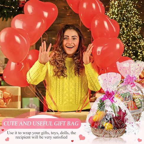 Geelin 15 Set Valentine Basket Bags with Bows Cellophane Heart Printed Basket Bags with 15 Pcs Pull Bows, 22.8 x 28 Inches Gift Wrapping Supplies for Cookie Dolls Gifts Candy Crafts Fruits in Saudi Arabia