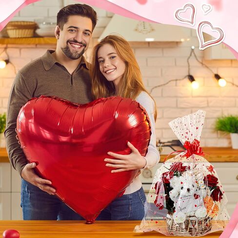 Geelin 15 Set Valentine Basket Bags with Bows Cellophane Heart Printed Basket Bags with 15 Pcs Pull Bows, 22.8 x 28 Inches Gift Wrapping Supplies for Cookie Dolls Gifts Candy Crafts Fruits in Saudi Arabia