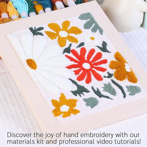 Harimau Yarn Punch Needle Kit for Beginners, Beige Picture Frame with Red & Yellow Flowers, Includes Punch Needle Fhreader & Stitch Book, Complete Art Kit for DIY Gifts for Women in Saudi Arabia
