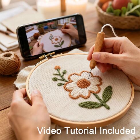 Harimau Yarn Punch Needle Kit for Beginners, Beige Picture Frame with Red & Yellow Flowers, Includes Punch Needle Fhreader & Stitch Book, Complete Art Kit for DIY Gifts for Women in Saudi Arabia