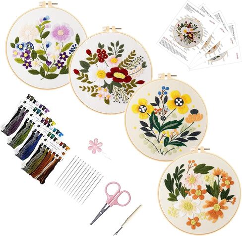 4 Sets Embroidery Kits for Beginners Adults with Pre-Printed Patterns, 7.8 Inch Hoop, Thread, Needles, Step-by-Step Guide & Video Tutorial, Complete Starter DIY Embroidery Craft Gift for Women in Saudi Arabia