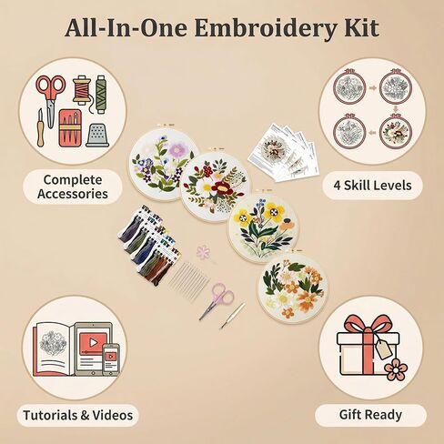 4 Sets Embroidery Kits for Beginners Adults with Pre-Printed Patterns, 7.8 Inch Hoop, Thread, Needles, Step-by-Step Guide & Video Tutorial, Complete Starter DIY Embroidery Craft Gift for Women in Saudi Arabia