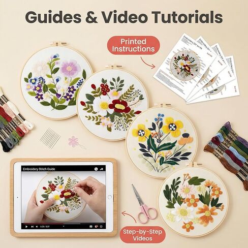 4 Sets Embroidery Kits for Beginners Adults with Pre-Printed Patterns, 7.8 Inch Hoop, Thread, Needles, Step-by-Step Guide & Video Tutorial, Complete Starter DIY Embroidery Craft Gift for Women in Saudi Arabia