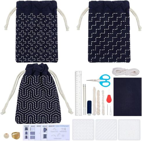 FREEBLOSS 3 Set Sashiko Drawstring Bag Kit Sashiko Embroidery for Beginners Full Embroidery Kit Includes Sewing Thread, Needles, Fabric, Thimble Hand Sewing Kits with PET Template in Saudi Arabia