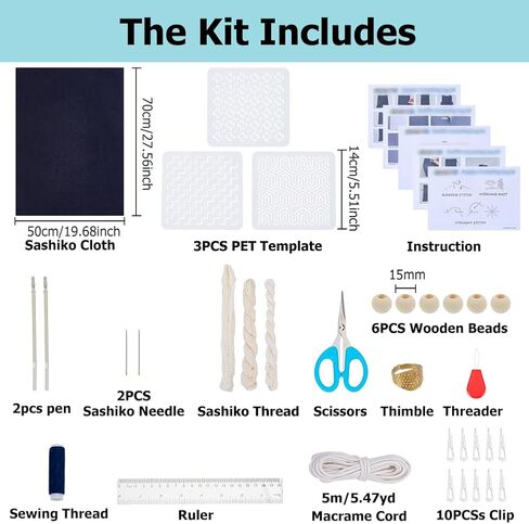 FREEBLOSS 3 Set Sashiko Drawstring Bag Kit Sashiko Embroidery for Beginners Full Embroidery Kit Includes Sewing Thread, Needles, Fabric, Thimble Hand Sewing Kits with PET Template in Saudi Arabia