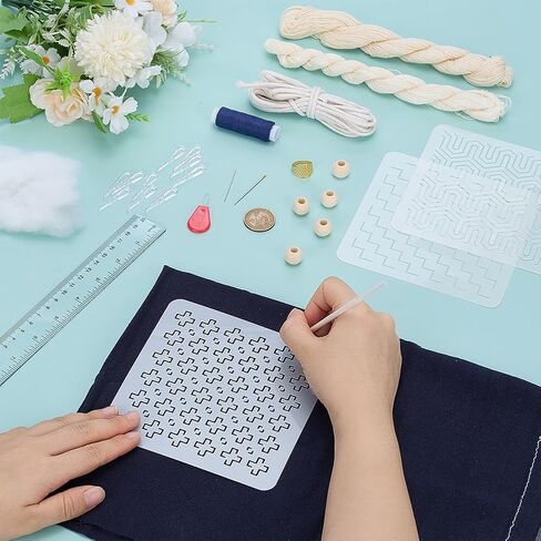 FREEBLOSS 3 Set Sashiko Drawstring Bag Kit Sashiko Embroidery for Beginners Full Embroidery Kit Includes Sewing Thread, Needles, Fabric, Thimble Hand Sewing Kits with PET Template in Saudi Arabia