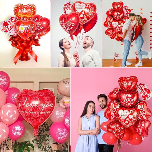 36 Pieces Heart Balloons, Happy Red Valentines Day Balloons, I Love You Foil Mylar Balloon for Special Night Party Decorations in Saudi Arabia