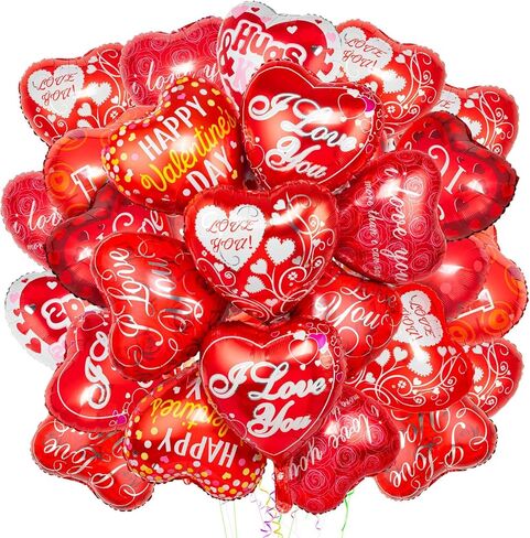 36 Pieces Heart Balloons, Happy Red Valentines Day Balloons, I Love You Foil Mylar Balloon for Special Night Party Decorations in Kuwait