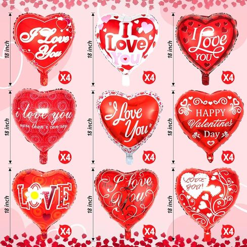 36 Pieces Heart Balloons, Happy Red Valentines Day Balloons, I Love You Foil Mylar Balloon for Special Night Party Decorations in Kuwait