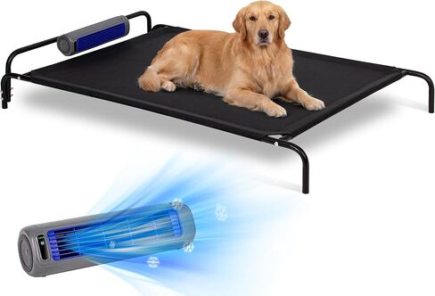 Elevated Outdoor Dog Bed with Fan - Raised Bed for Large Dogs, Waterproof Cot Easy to Assemble, 3 Wind Speed, Cooling Elevated Cot with Washable Mesh Cover, Durable, Non Slip, Up to 85 lbs in Saudi Arabia
