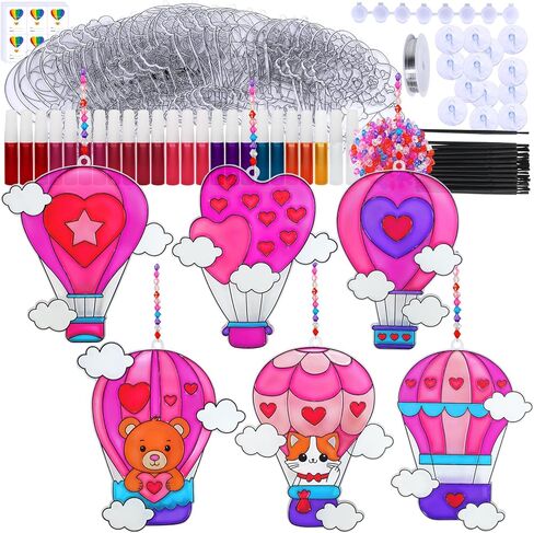 Winlyn 24 Sets Heart Hot Air Balloon Suncatchers Ornaments Decorations DIY Window Paint Art Craft Kits Sun Catcher Painting Kit for Kids Valentine's Day Classroom Activities Party Favors Gift Exchange in Saudi Arabia