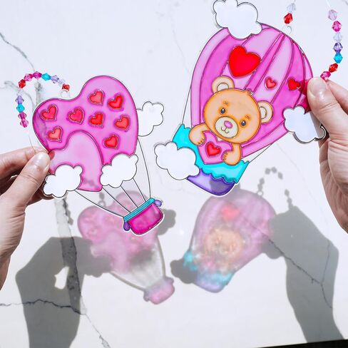 Winlyn 24 Sets Heart Hot Air Balloon Suncatchers Ornaments Decorations DIY Window Paint Art Craft Kits Sun Catcher Painting Kit for Kids Valentine's Day Classroom Activities Party Favors Gift Exchange in Saudi Arabia