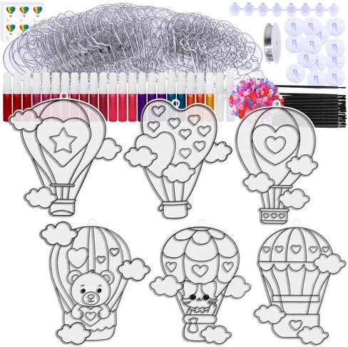 Winlyn 24 Sets Heart Hot Air Balloon Suncatchers Ornaments Decorations DIY Window Paint Art Craft Kits Sun Catcher Painting Kit for Kids Valentine's Day Classroom Activities Party Favors Gift Exchange in Saudi Arabia