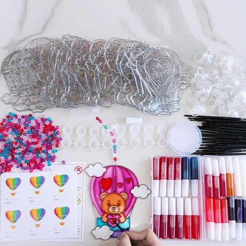 Winlyn 24 Sets Heart Hot Air Balloon Suncatchers Ornaments Decorations DIY Window Paint Art Craft Kits Sun Catcher Painting Kit for Kids Valentine's Day Classroom Activities Party Favors Gift Exchange in Saudi Arabia