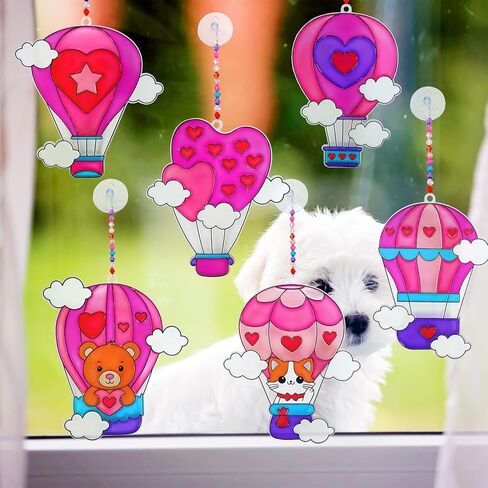 Winlyn 24 Sets Heart Hot Air Balloon Suncatchers Ornaments Decorations DIY Window Paint Art Craft Kits Sun Catcher Painting Kit for Kids Valentine's Day Classroom Activities Party Favors Gift Exchange in Saudi Arabia