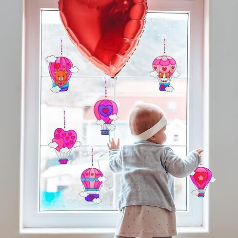 Winlyn 24 Sets Heart Hot Air Balloon Suncatchers Ornaments Decorations DIY Window Paint Art Craft Kits Sun Catcher Painting Kit for Kids Valentine's Day Classroom Activities Party Favors Gift Exchange in Saudi Arabia