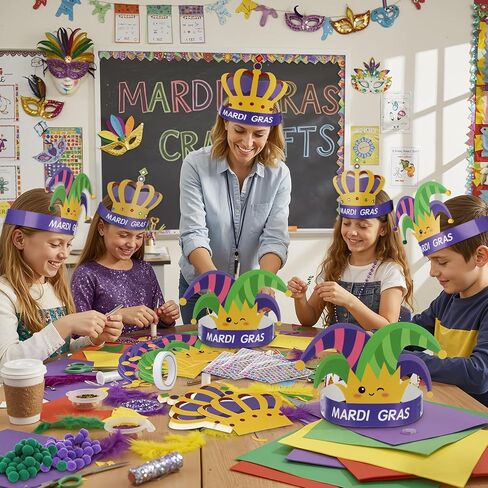 Soulchen 24 مجموعة من Mardi Gras Crowns Jester Hat Craft Kit مع الكريات الماسية ملصقات Mardi Gras DIY Paper Hat Crown Headpiece for Carnival Craft تفضل لوازم الديكور in Kuwait