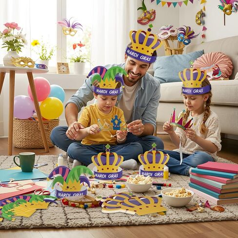 Soulchen 24 مجموعة من Mardi Gras Crowns Jester Hat Craft Kit مع الكريات الماسية ملصقات Mardi Gras DIY Paper Hat Crown Headpiece for Carnival Craft تفضل لوازم الديكور in Kuwait