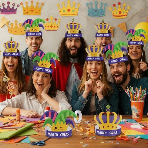 Soulchen 24 مجموعة من Mardi Gras Crowns Jester Hat Craft Kit مع الكريات الماسية ملصقات Mardi Gras DIY Paper Hat Crown Headpiece for Carnival Craft تفضل لوازم الديكور in Kuwait