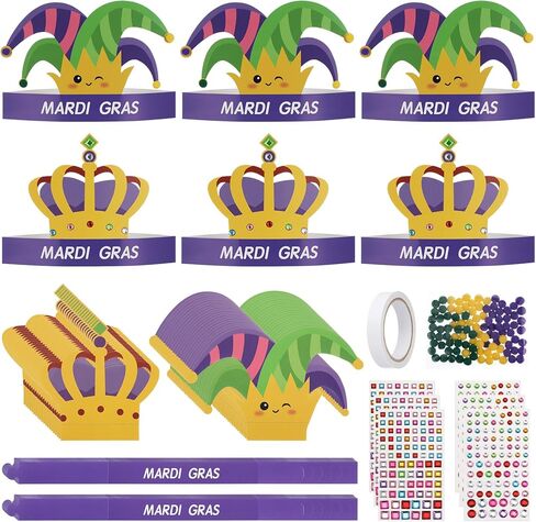 Soulchen 24 مجموعة من Mardi Gras Crowns Jester Hat Craft Kit مع الكريات الماسية ملصقات Mardi Gras DIY Paper Hat Crown Headpiece for Carnival Craft تفضل لوازم الديكور in Kuwait