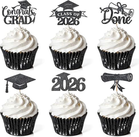 48 قطعة من أغطية الكب كيك للتخرج 2026، طبقة علوية لامعة 2026 للكب كيك، زينة كعكة التخرج لقطع مركزية الحفلات، والاحتفالات العائلية (أسود وذهبي) in Kuwait