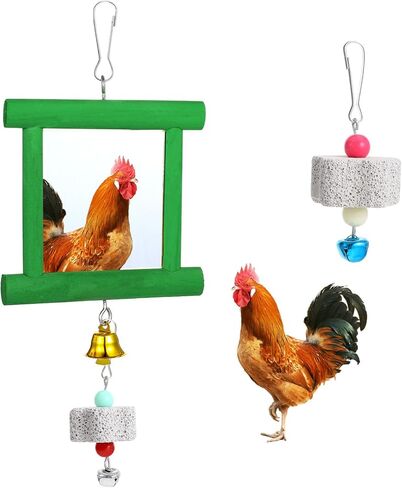 ألعاب مرآة الدجاج مع أجراس، مرآة متأرجحة معلقة، لعبة النقر الخشبية، أحجار المولي لطحن المنقار للدجاج والطيور والببغاوات والإكسيليفون ولعبة سيباك تاكرو in Kuwait