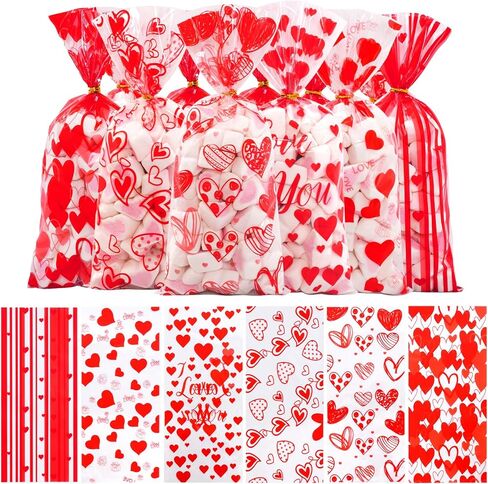 120PCS Valentine Treat Bags Heart Printed Candy Cookie Goodies Gift Bag with Twist Ties Valentine Cellophane Treat Bags for Valentine's Day Mother's Day 6 Styles in Saudi Arabia