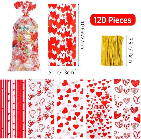 120PCS Valentine Treat Bags Heart Printed Candy Cookie Goodies Gift Bag with Twist Ties Valentine Cellophane Treat Bags for Valentine's Day Mother's Day 6 Styles in Saudi Arabia