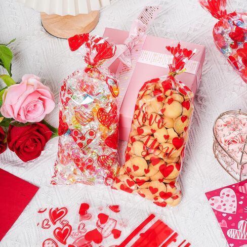 120PCS Valentine Treat Bags Heart Printed Candy Cookie Goodies Gift Bag with Twist Ties Valentine Cellophane Treat Bags for Valentine's Day Mother's Day 6 Styles in Saudi Arabia
