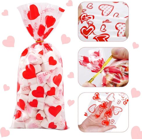 120PCS Valentine Treat Bags Heart Printed Candy Cookie Goodies Gift Bag with Twist Ties Valentine Cellophane Treat Bags for Valentine's Day Mother's Day 6 Styles in Saudi Arabia