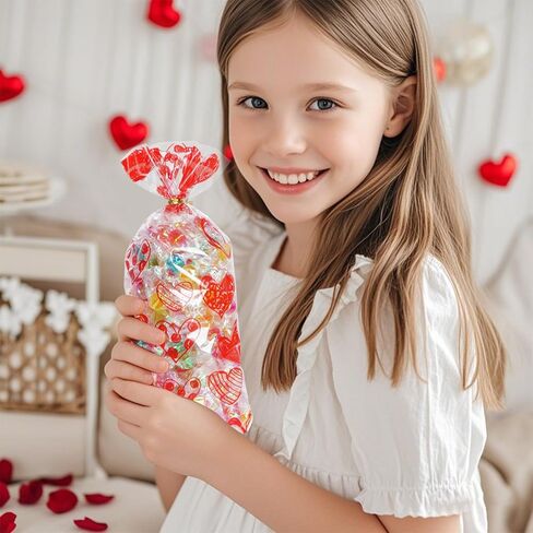 120PCS Valentine Treat Bags Heart Printed Candy Cookie Goodies Gift Bag with Twist Ties Valentine Cellophane Treat Bags for Valentine's Day Mother's Day 6 Styles in Saudi Arabia