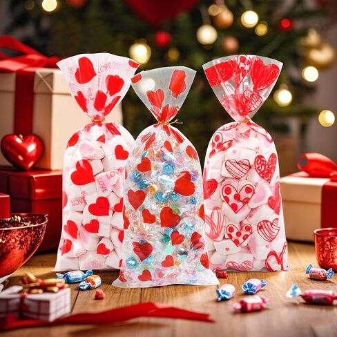 120PCS Valentine Treat Bags Heart Printed Candy Cookie Goodies Gift Bag with Twist Ties Valentine Cellophane Treat Bags for Valentine's Day Mother's Day 6 Styles in Saudi Arabia