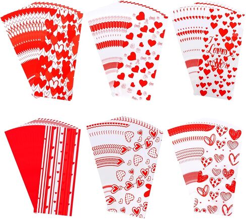 120PCS Valentine Treat Bags Heart Printed Candy Cookie Goodies Gift Bag with Twist Ties Valentine Cellophane Treat Bags for Valentine's Day Mother's Day 6 Styles in Saudi Arabia