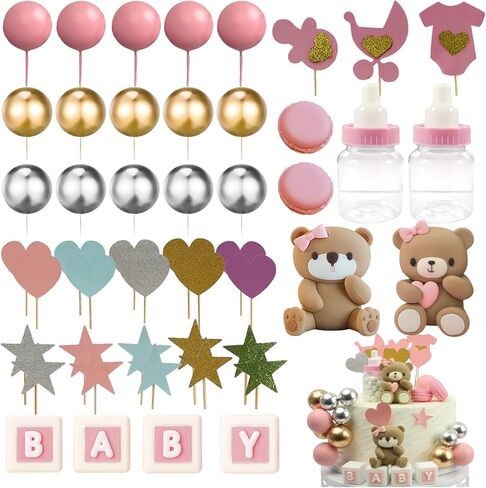 قبعات كعكة الدب، كرات إسفنجية لزجاجة الحليب ثلاثية الأبعاد على شكل دب صغير، 48 قطعة من أعلى الكعكة لتزيين حفلات أعياد الميلاد، بوهو ميني يكشف عن الجنس (وردي) in Kuwait