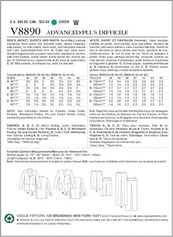 VOGUE PATTERNS V8890 Men's Jacket/Shorts and Pants Sewing Template, Size MXX (40-42-44-46) in Saudi Arabia
