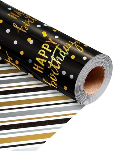 مجموعة ورق التغليف من MAYPLUSS - بكرة صغيرة مع قوس وشريط وعلامات هدايا وملصقات - 43.89 سم × 304.8 سم لكل لفة - تصميم باللونين الأسود والأبيض (43.18 متر مربع) in Kuwait