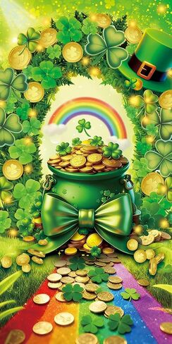 غطاء باب عيد القديس باتريك السعيد، البرسيم الأخضر، قوس قزح، عملات ذهبية، وعاء صورة خلفية، لافتة شامروك الأيرلندية، باب أمامي، ديكور داخلي وخارجي، لوازم الحفلات (3 × 6 أقدام) in Kuwait